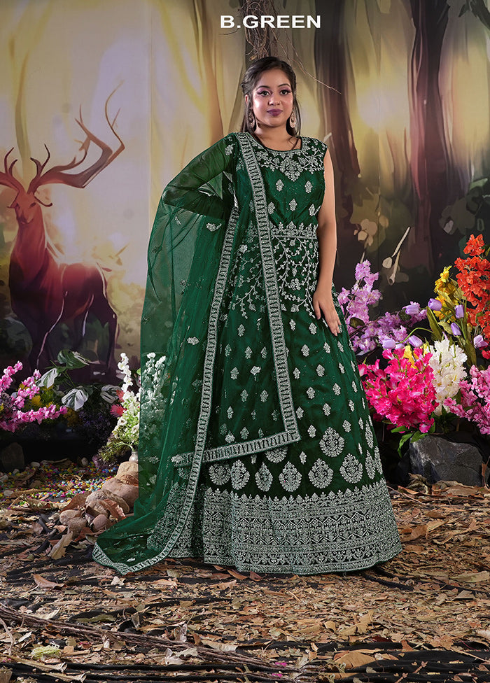 2 Pc Green Readymade Net Gown