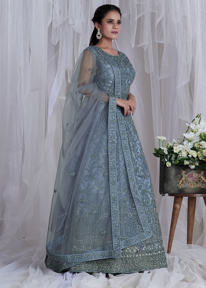 2 Pc Blue Readymade Net Gown