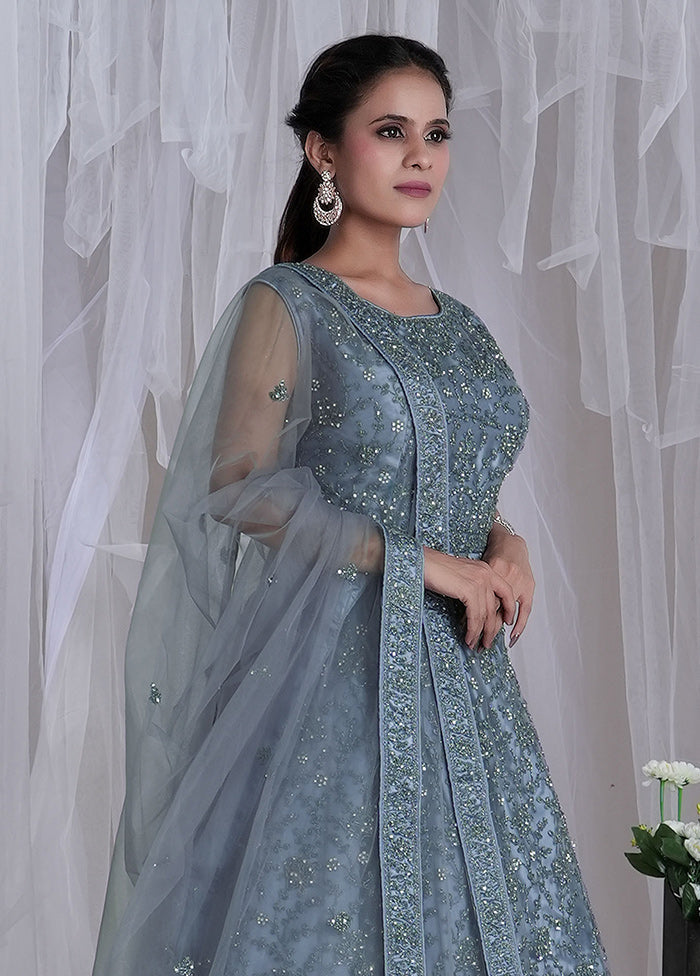 2 Pc Blue Readymade Net Gown