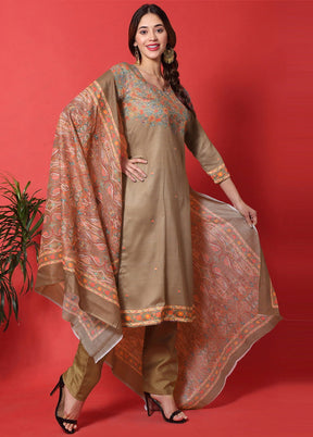 3 Pc Brown Digital Print Unstitched Cotton Salwar Suit