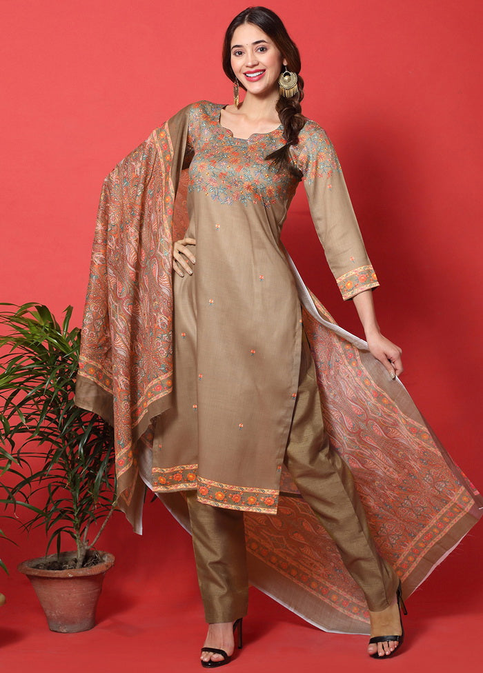 3 Pc Brown Digital Print Unstitched Cotton Salwar Suit