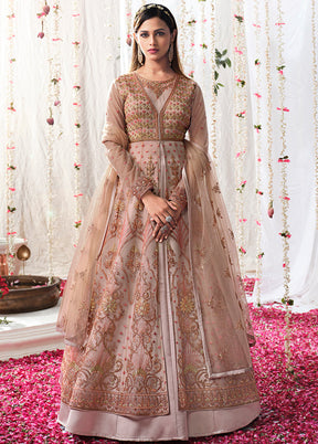 3 Pc Pink Semi Stitched Satin Resham Thread Work Gown