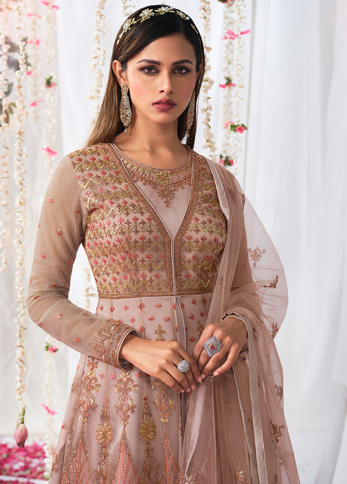 3 Pc Pink Semi Stitched Satin Resham Thread Work Gown