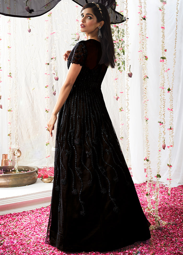 3 Pc Black Semi Stitched Satin Resham Thread Work Gown