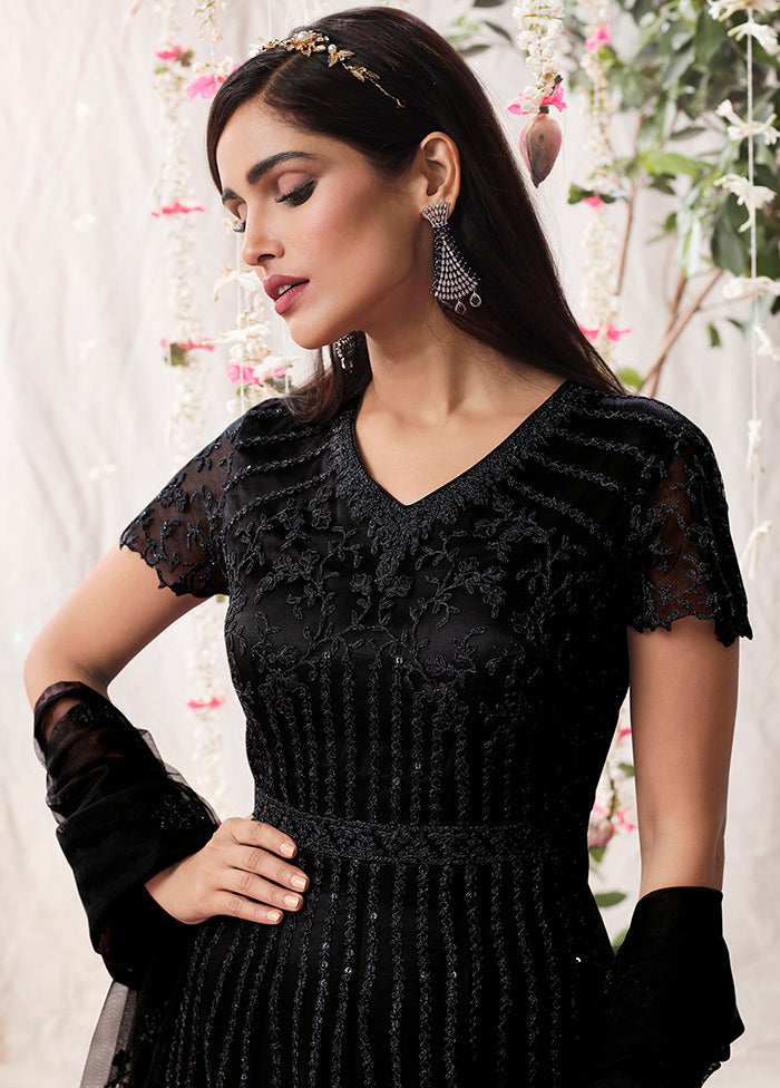 3 Pc Black Semi Stitched Satin Resham Thread Work Gown