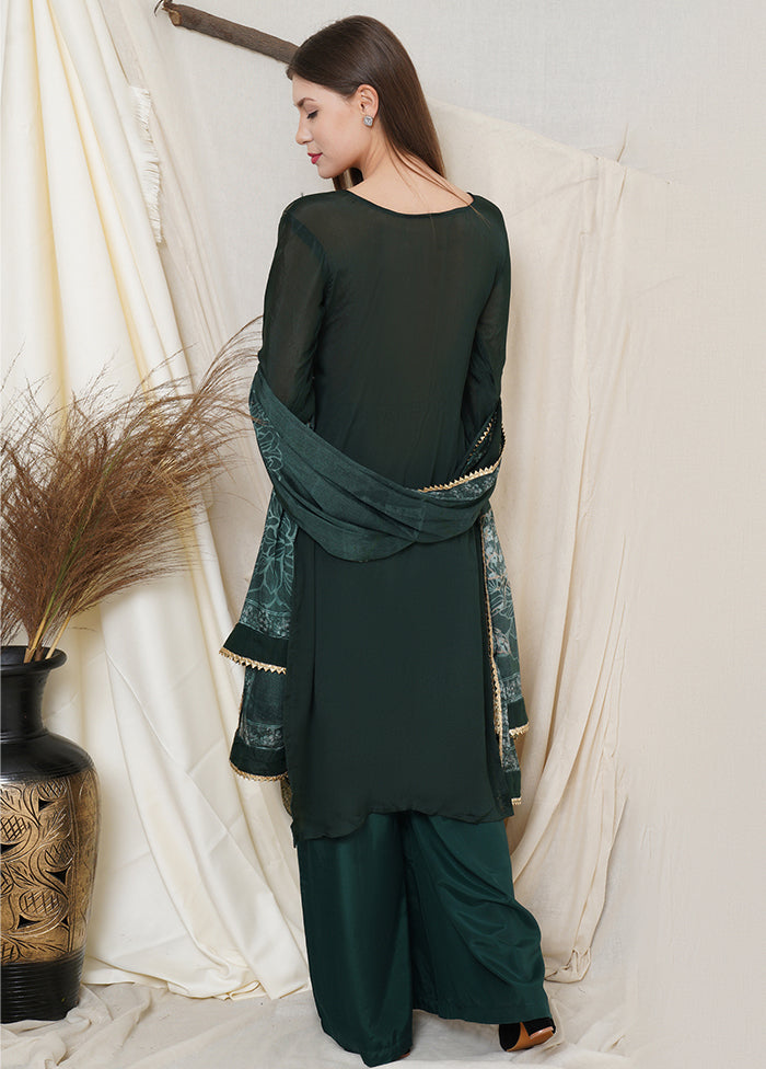 3 Pc Green Chinon Chiffon Unstitched Suit Set