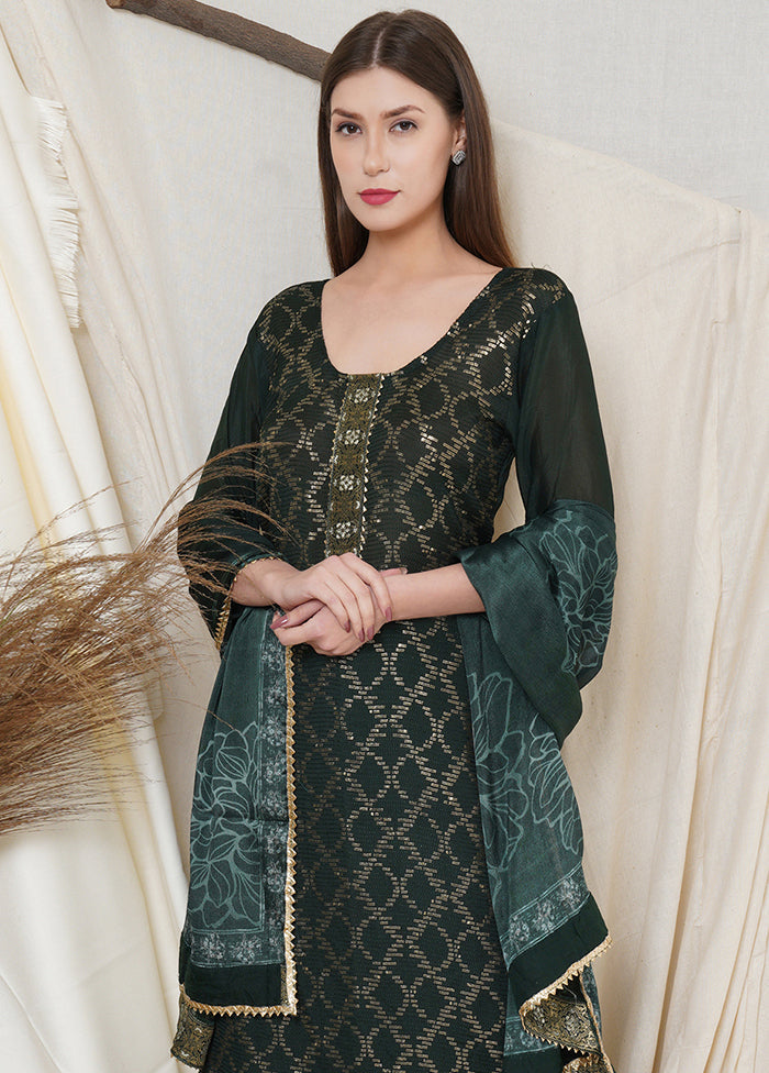 3 Pc Green Chinon Chiffon Unstitched Suit Set