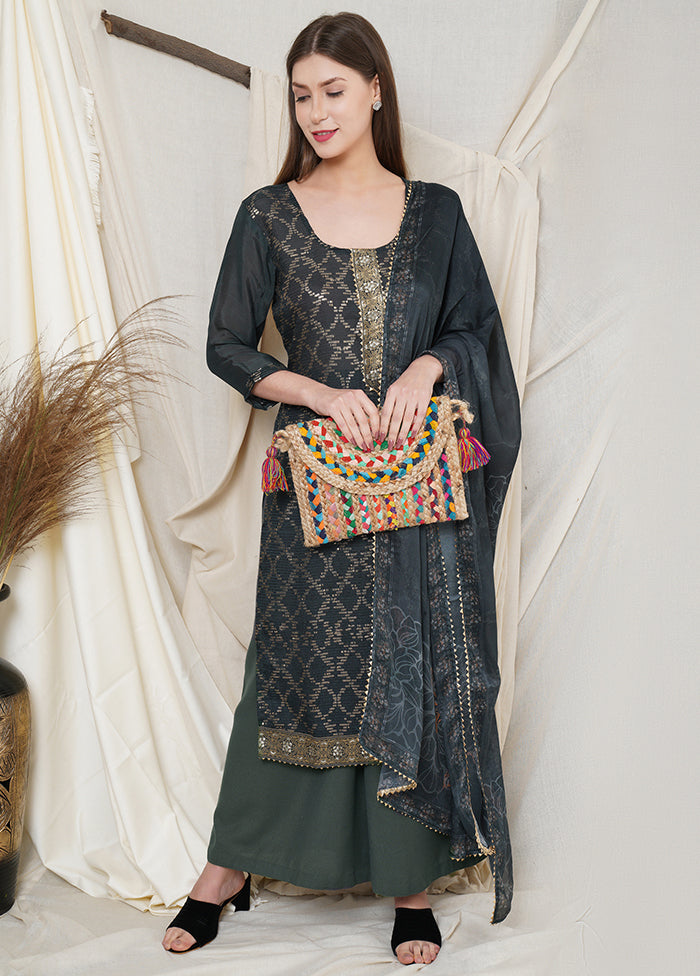 3 Pc Blue Chinon Chiffon Unstitched Suit Set