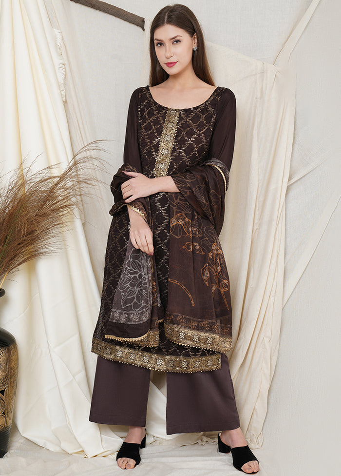 3 Pc Brown Chinon Chiffon Unstitched Suit Set