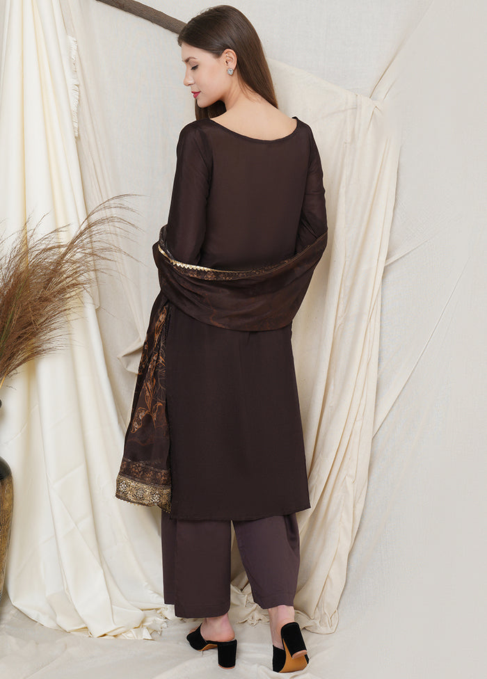 3 Pc Brown Chinon Chiffon Unstitched Suit Set