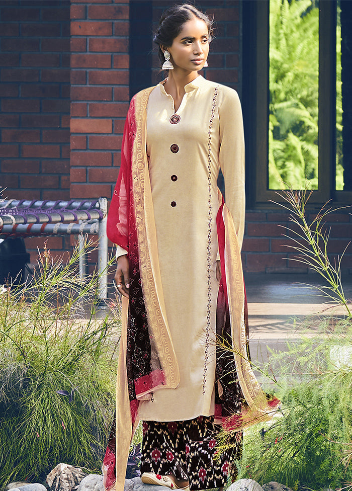 3 Pc Light Yellow Unstitched Silk Thread Work Suit Set