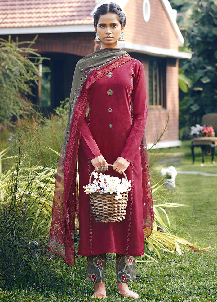 3 Pc Maroon Unstitched Silk Thread Work Suit Set