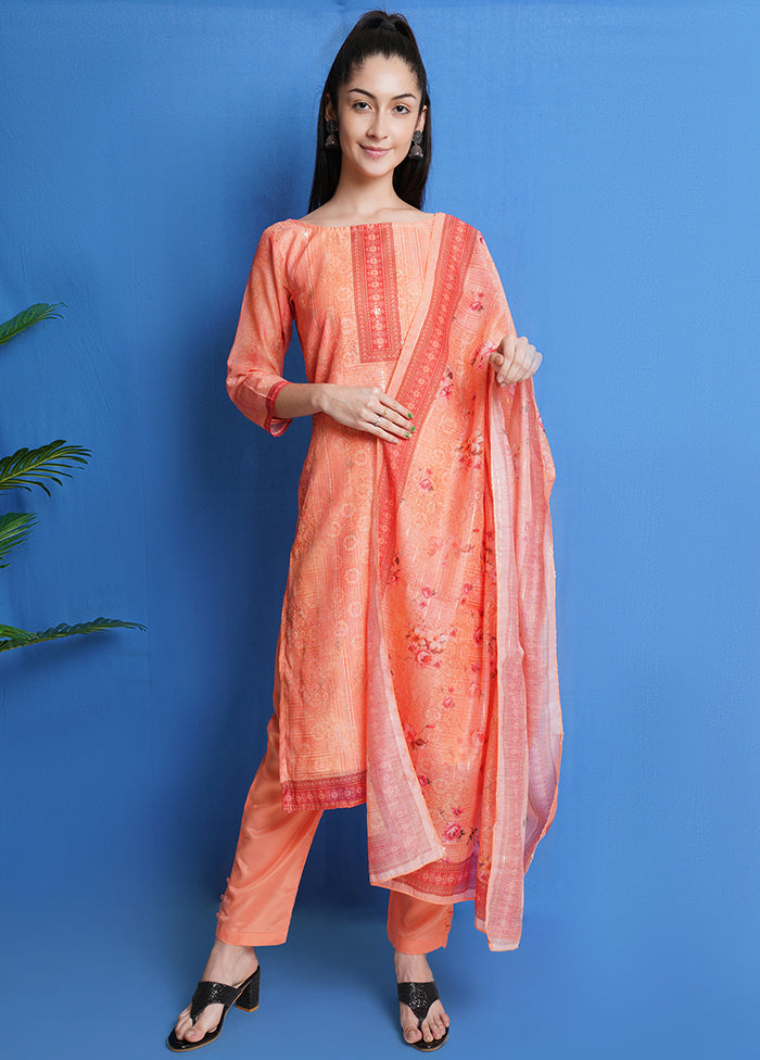 3 Pc Orange Unstitched Silk Printed Suit Set