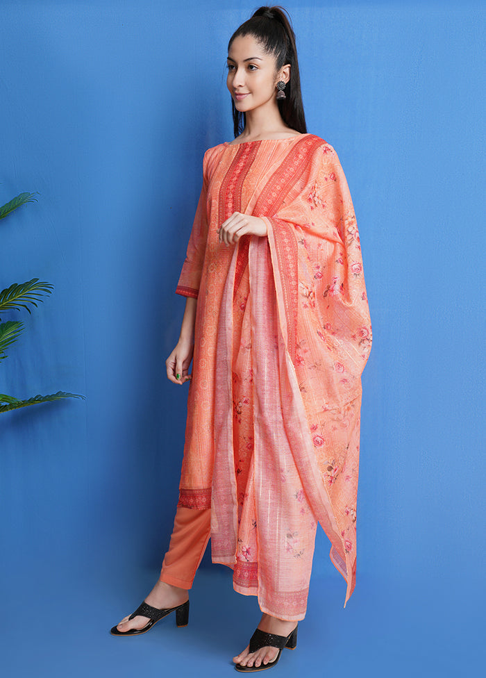 3 Pc Orange Unstitched Silk Printed Suit Set