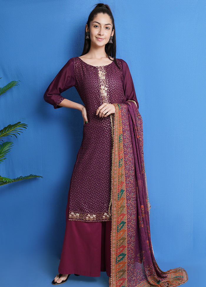 3 Pc Wine Unstitched Chinon Chiffon Suit Set