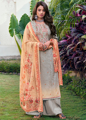 3 Pc Grey Unstitched Cotton Printed Suit Set