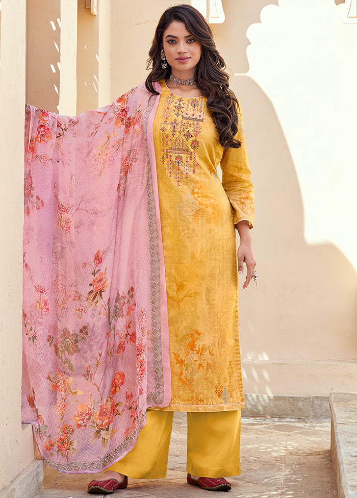 3 Pc Yellow Unstitched Cotton Suit Set