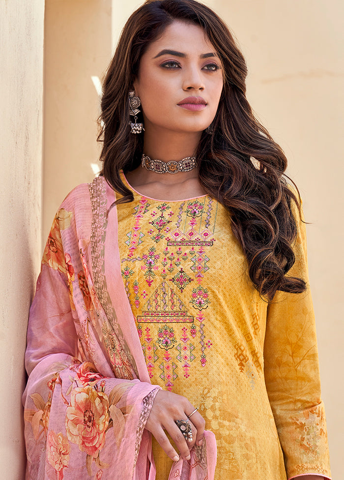 3 Pc Yellow Unstitched Cotton Suit Set