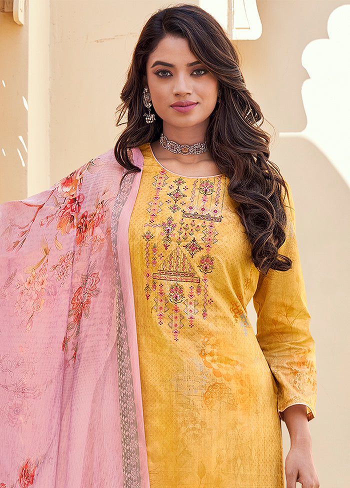 3 Pc Yellow Unstitched Cotton Suit Set