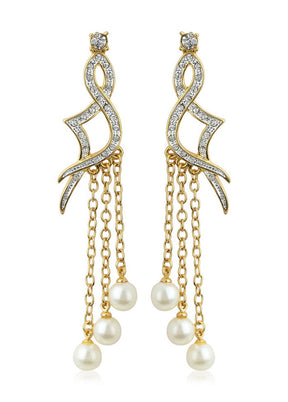 Estele 24Kt Gold and Silver Plated Long Earrings with White Faux Pearls
