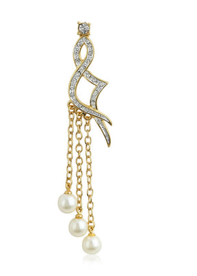 Estele 24Kt Gold and Silver Plated Long Earrings with White Faux Pearls