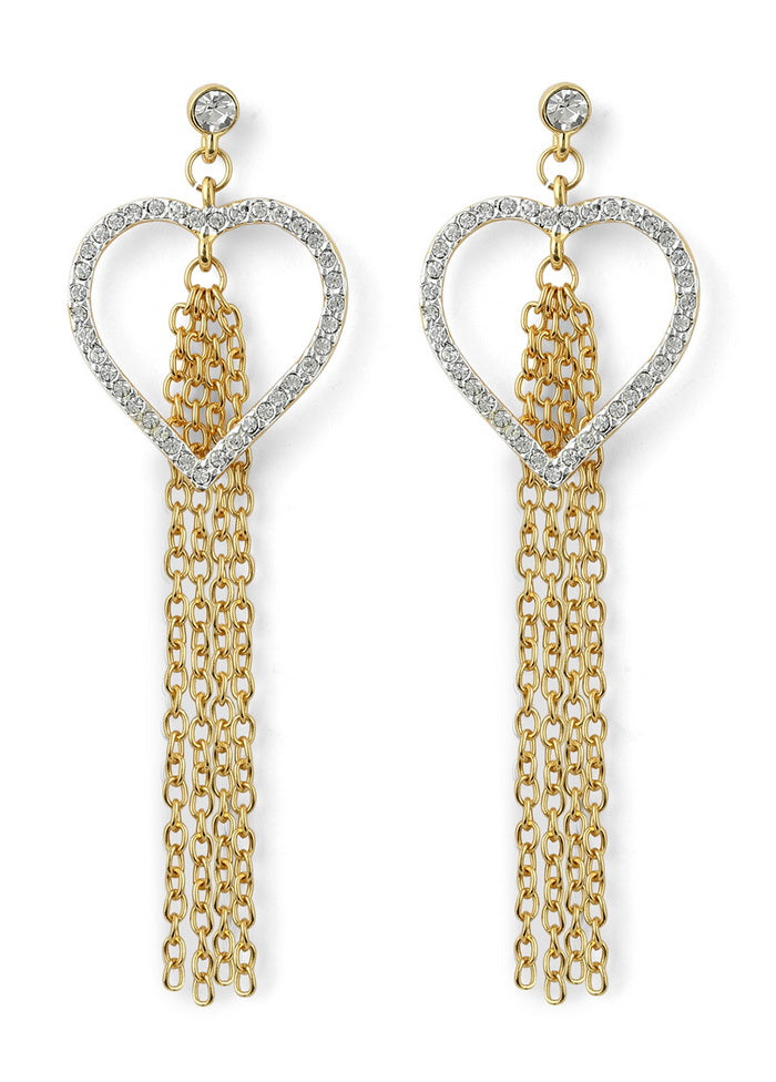 Estele Zinc Alloy 24Kt Gold And Silver Plated Heart Shaped White Austrian crystal Tassel Earrings Fo