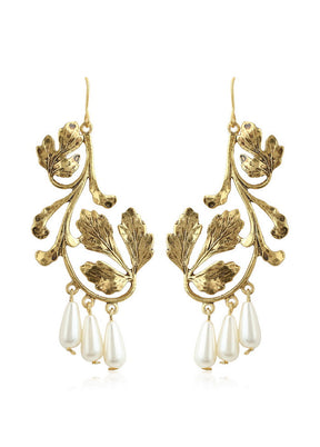 Estele 24Kt Gold plated Leafy modal Pearl Drop Earrings