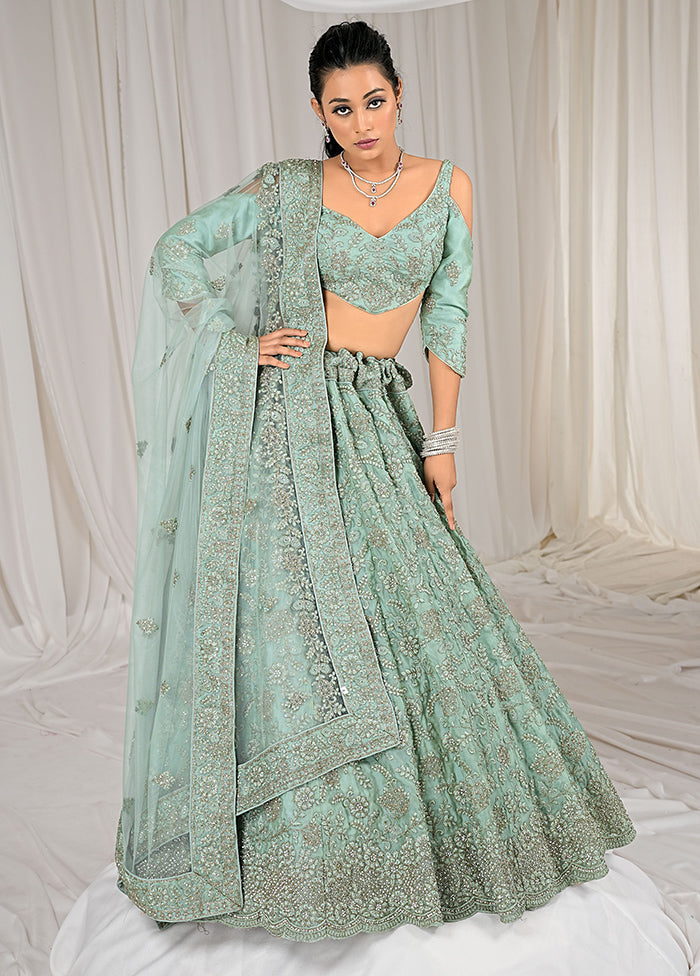 3 Pc Green Net Semi Stitched Lehenga Set