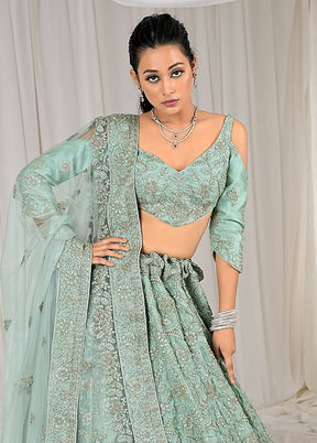 3 Pc Green Net Semi Stitched Lehenga Set