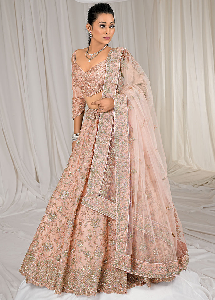 3 Pc Peach Net Semi Stitched Lehenga Set