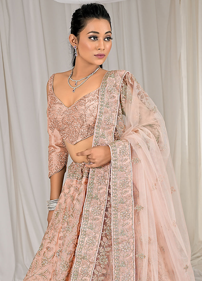 3 Pc Peach Net Semi Stitched Lehenga Set