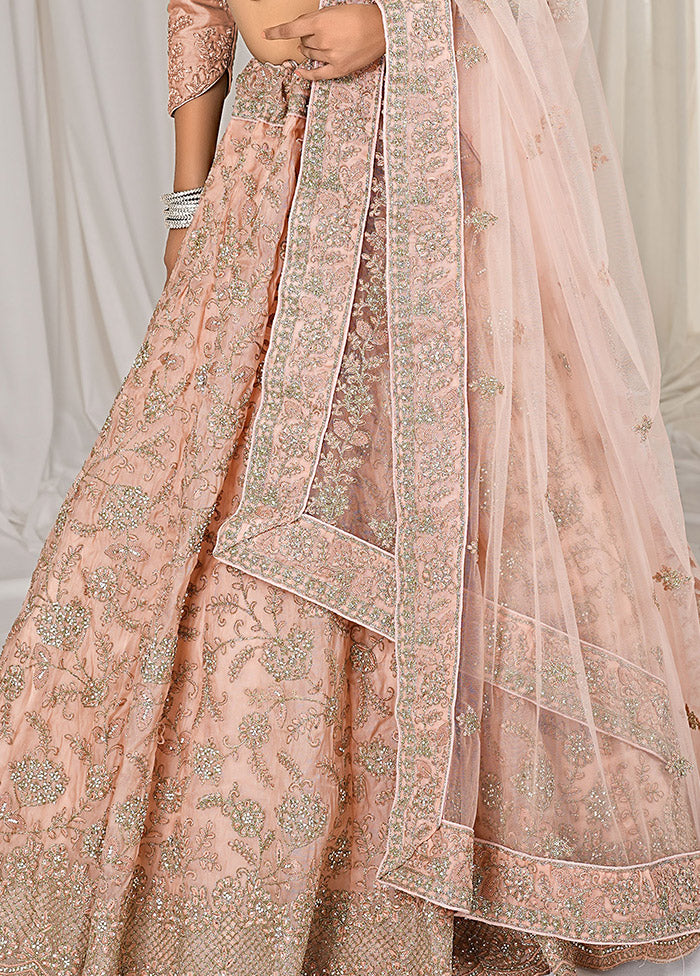 3 Pc Peach Net Semi Stitched Lehenga Set