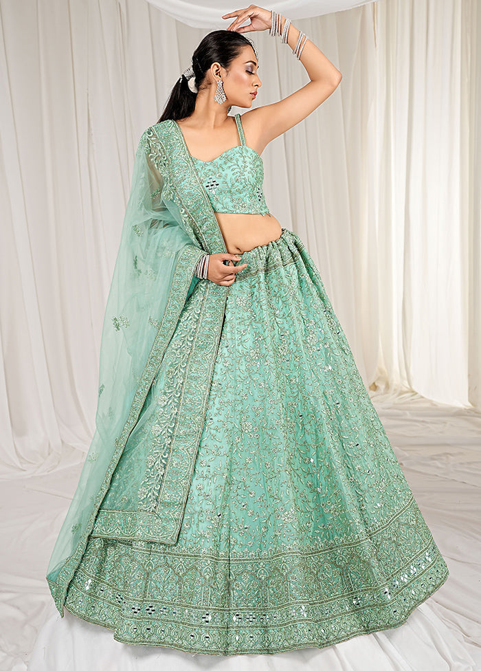 3 Pc Green Net Semi Stitched Lehenga Set