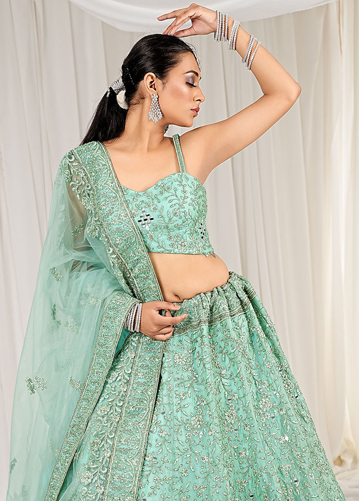 3 Pc Green Net Semi Stitched Lehenga Set