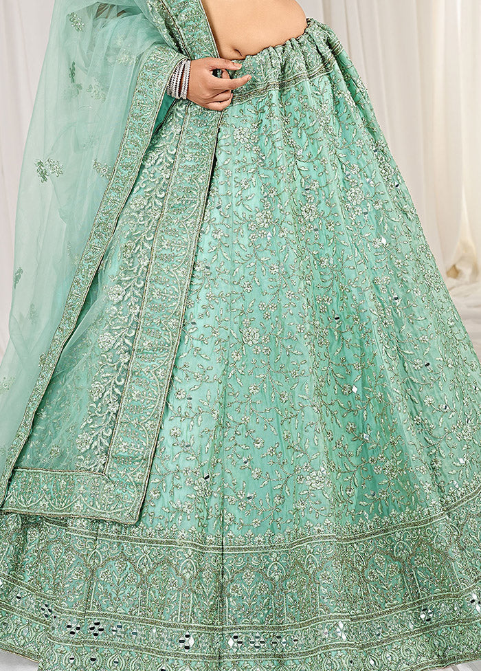 3 Pc Green Net Semi Stitched Lehenga Set