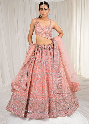 3 Pc Peach Net Semi Stitched Lehenga Set