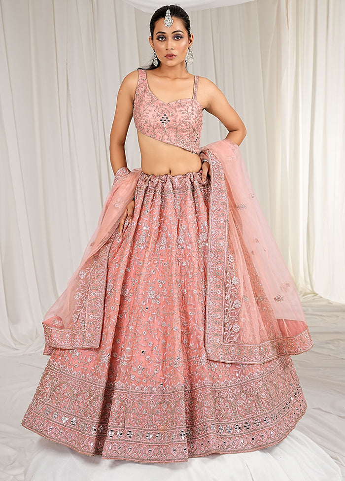 3 Pc Peach Net Semi Stitched Lehenga Set