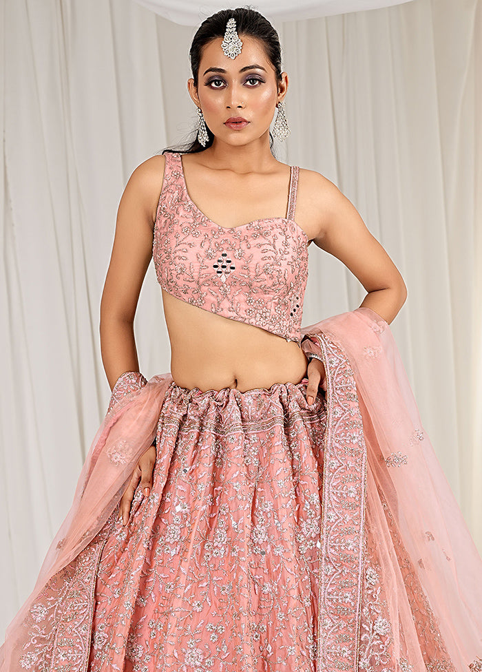 3 Pc Peach Net Semi Stitched Lehenga Set