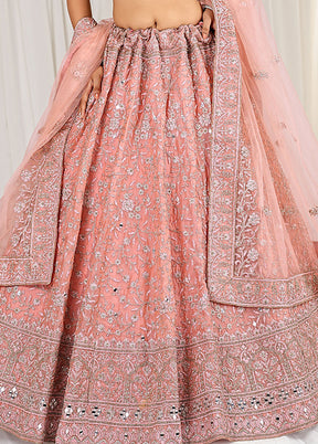 3 Pc Peach Net Semi Stitched Lehenga Set