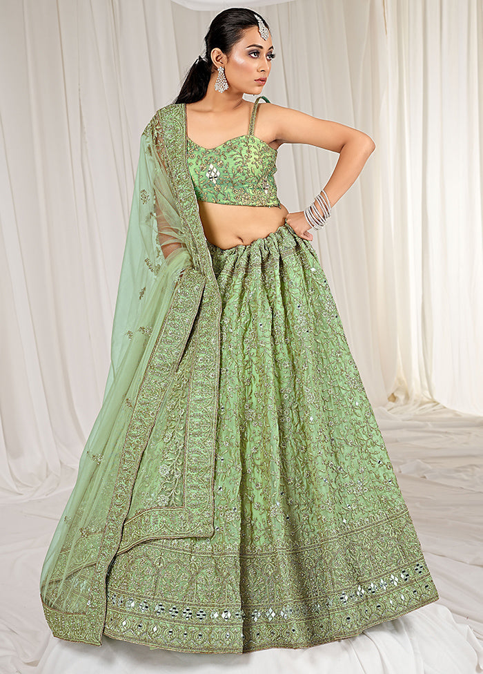 3 Pc Pista Green Net Semi Stitched Lehenga Set