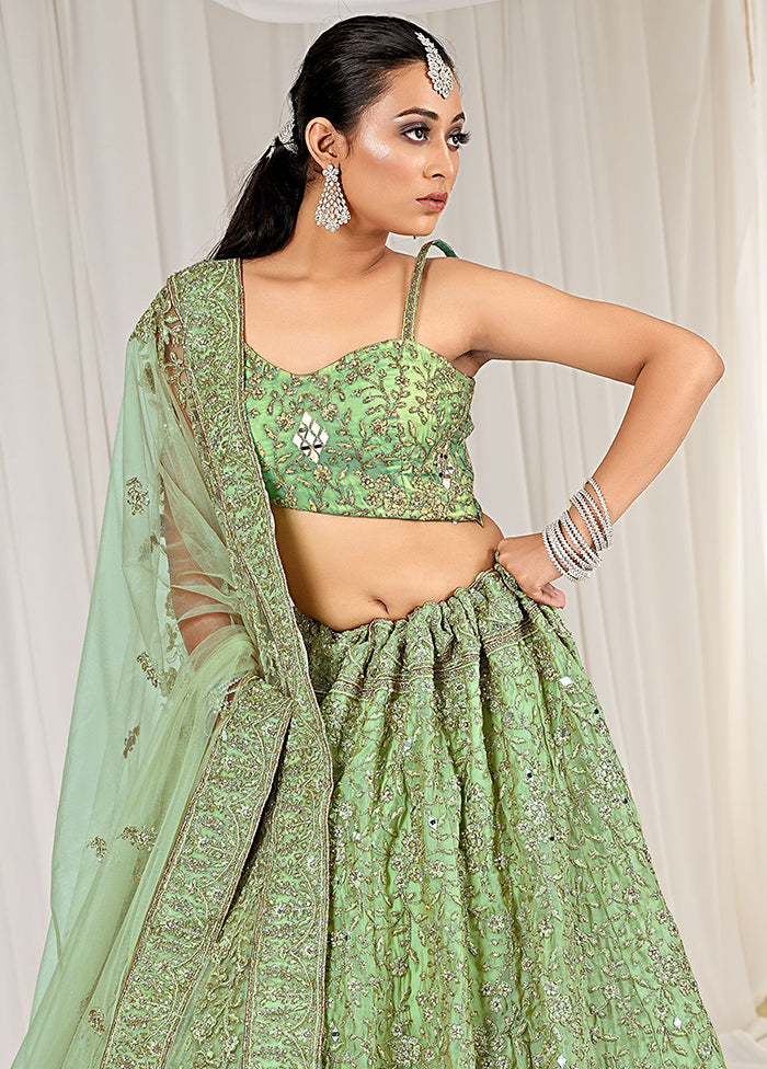 3 Pc Pista Green Net Semi Stitched Lehenga Set