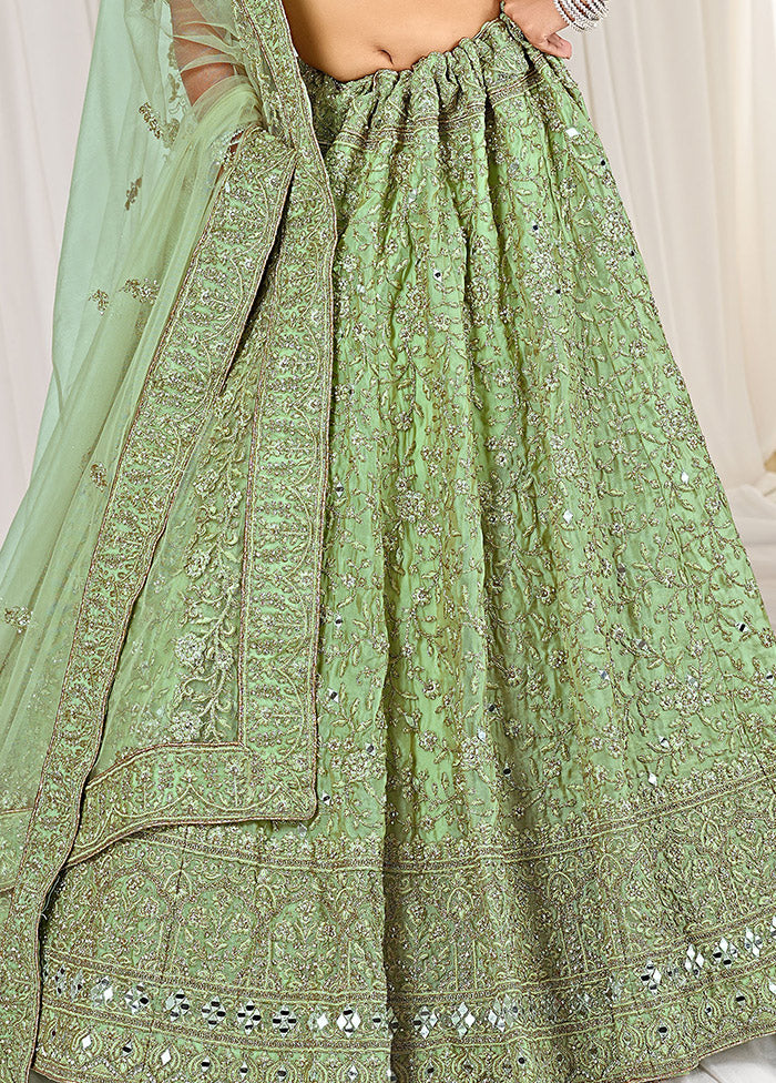 3 Pc Pista Green Net Semi Stitched Lehenga Set