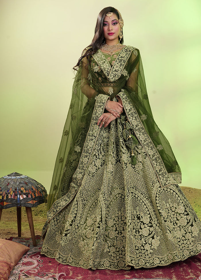 3 Pc Mehendi Velvet Semi Stitched Lehenga Set