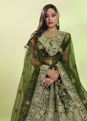 3 Pc Mehendi Velvet Semi Stitched Lehenga Set