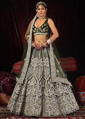 3 Pc Mehendi Velvet Semi Stitched Lehenga Set