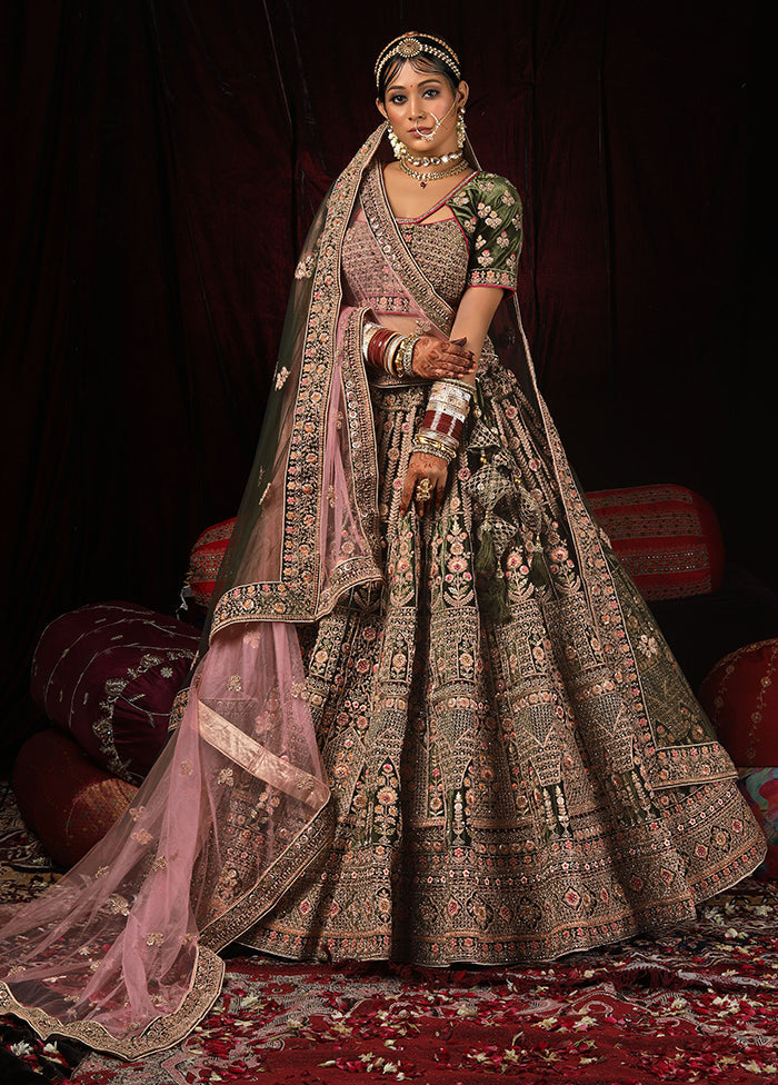 3 Pc Mehendi Velvet Semi Stitched Lehenga Set