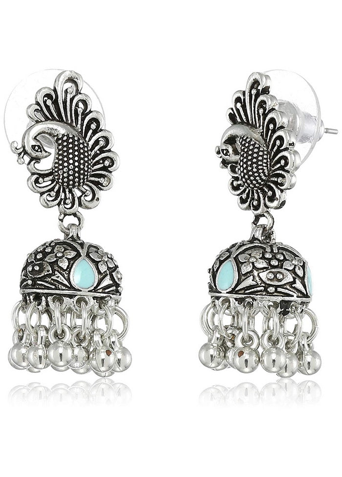 Stele Oxidized Silver Plated Antique Peacock Jhumkis Gold One Size