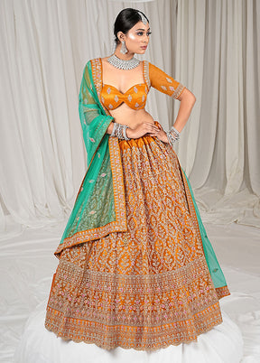 3 Pc Mustard Net Semi Stitched Lehenga Set