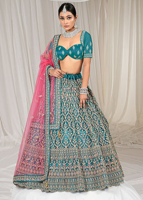 3 Pc Rama Net Semi Stitched Lehenga Set