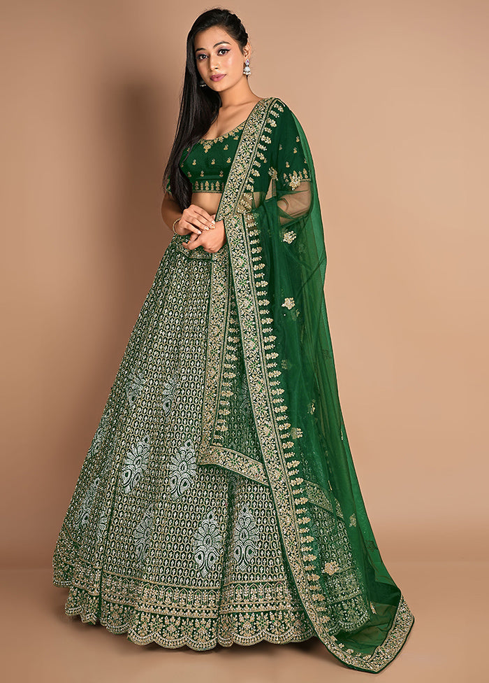 3 Pc Green Net Semi Stitched Lehenga Set